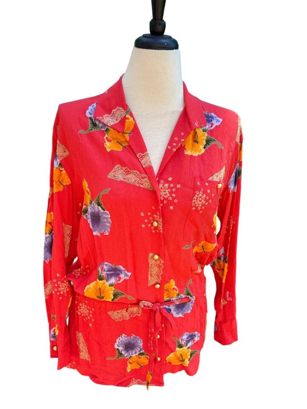 Vintage Red Floral Button-Up Belted Blouse With Long Sleeves & Pockets Size 6p